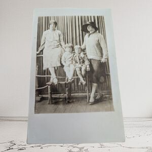 2 Women and Children Real Photo Postcard RPPC Brown White Hats AZO 1900s Style